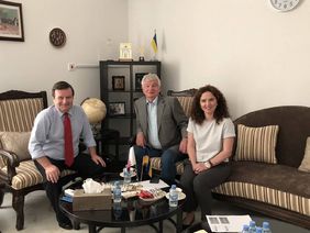 Volodymyr Kozyavkin and Olha Kozyavkina meeting the Ambassador of Ukraine to the State of Qatar, Yevhen Mykytenko